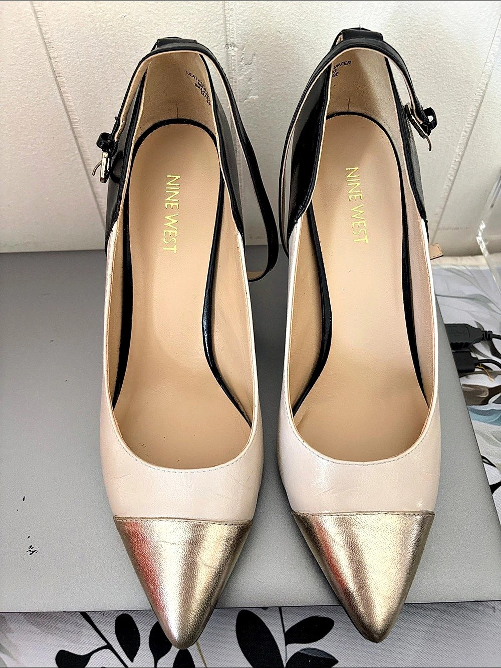 Nine West Pointed Toe Ankle Strap Heels in Cream & Gold